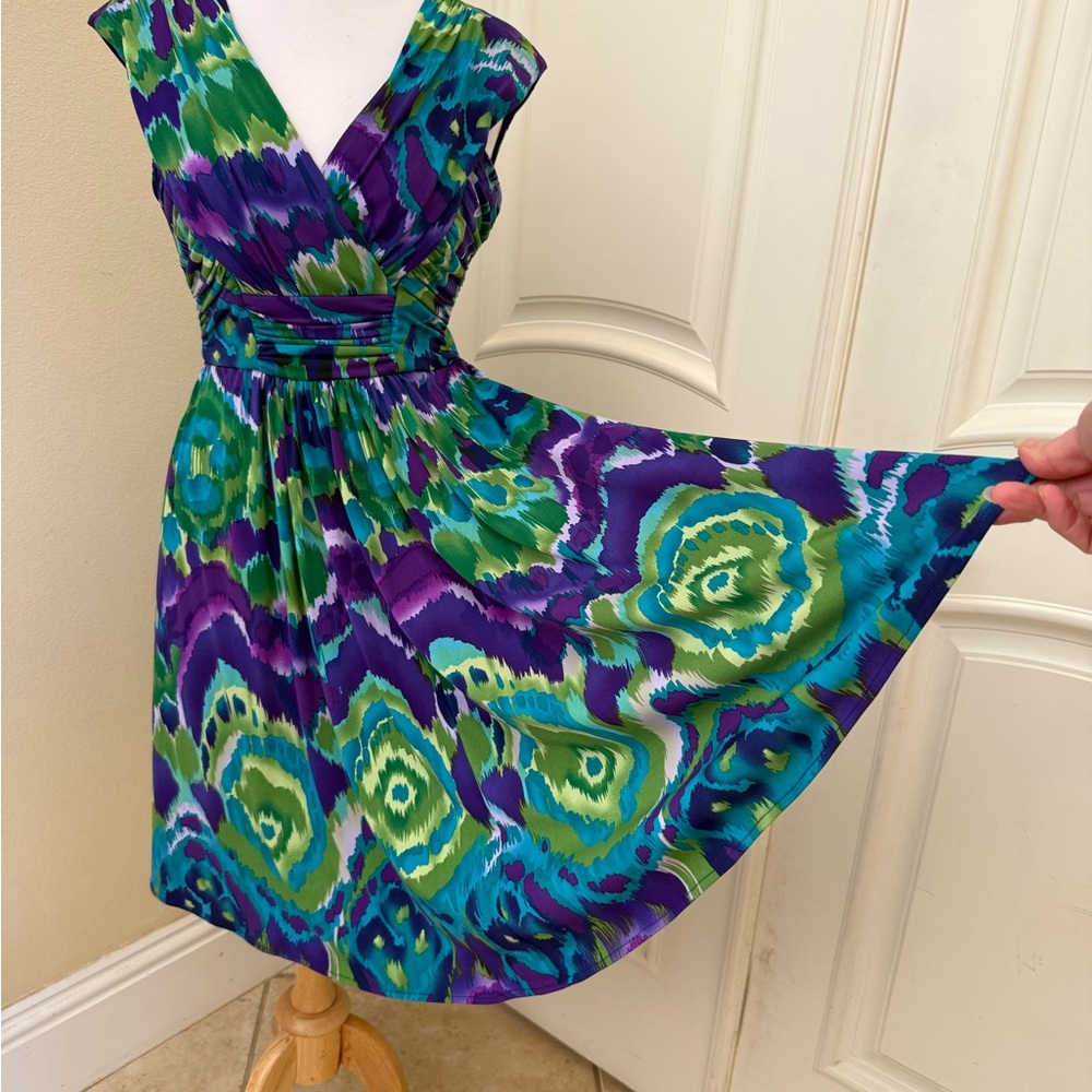 Vintage Y2K Maggy London Green and Purple full skirted jersey Dress
